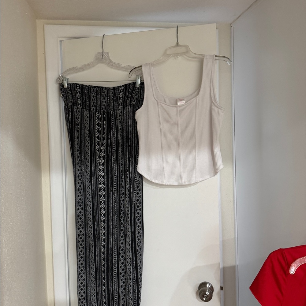 White Ribbed Tank Top and Black Patterned wide leg Pants